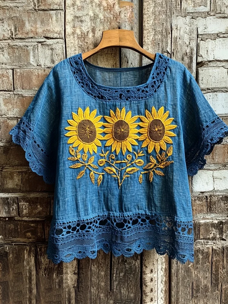 Sunflower Floral Embroidery Lace Trim Women's Linen Shirt