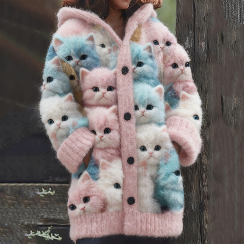 Colorful Fuzzy Cats Cozy Knit Hooded Cardigan wearshes
