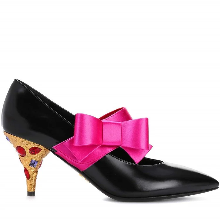 Black Mary Jane Pumps with Rhinestone Cone Heels and Hot Pink Bow Vdcoo