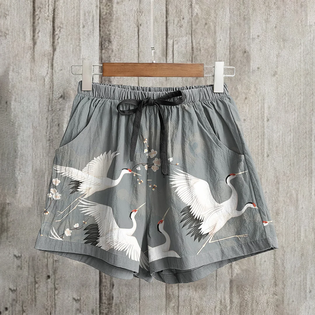 Crane Print Casual Loose Shorts