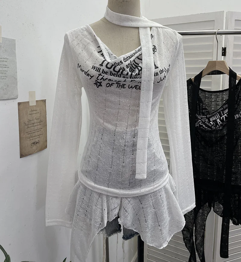 Nigikala Nigikala Shooting Retro Irregularly Hollow Knitted Jersey Dress Girl With Hottie Word Shoulder Collar Blouse 8101