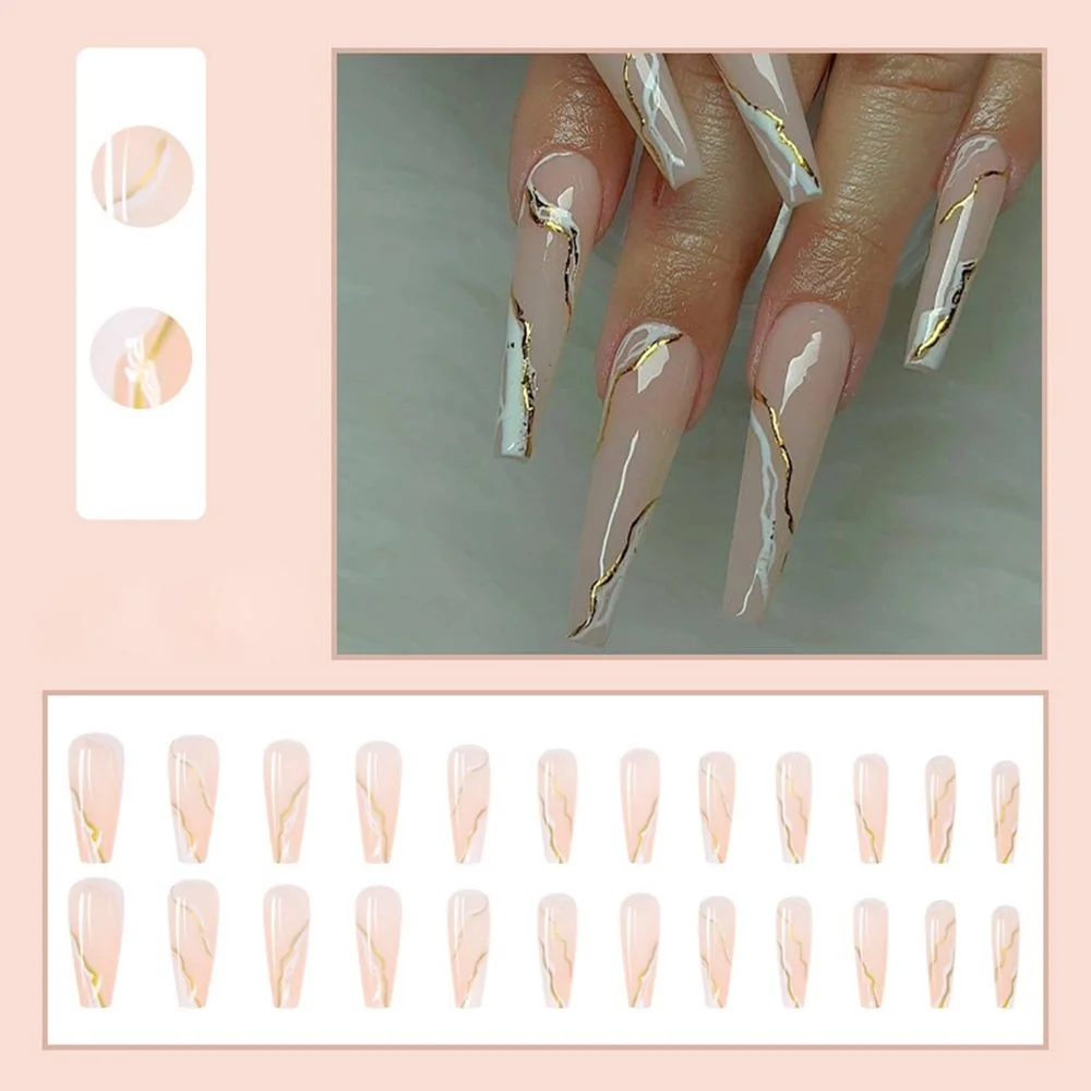 24Pcs Detachable Long Coffin False Nails Blue Diamonds Flowers Ballerina Wearable Fake Nail with glue Full Cover Nail Tips-Nail Inspo