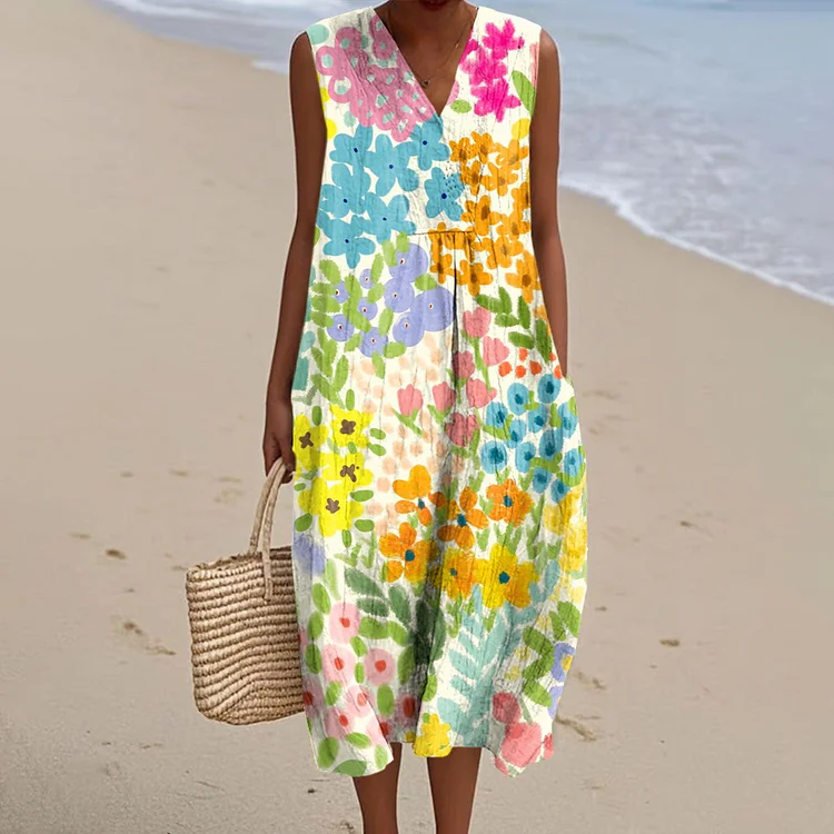Women's Vintage Floral Art Print Sleeveless Cotton Pocket Wrap V Neck Dress