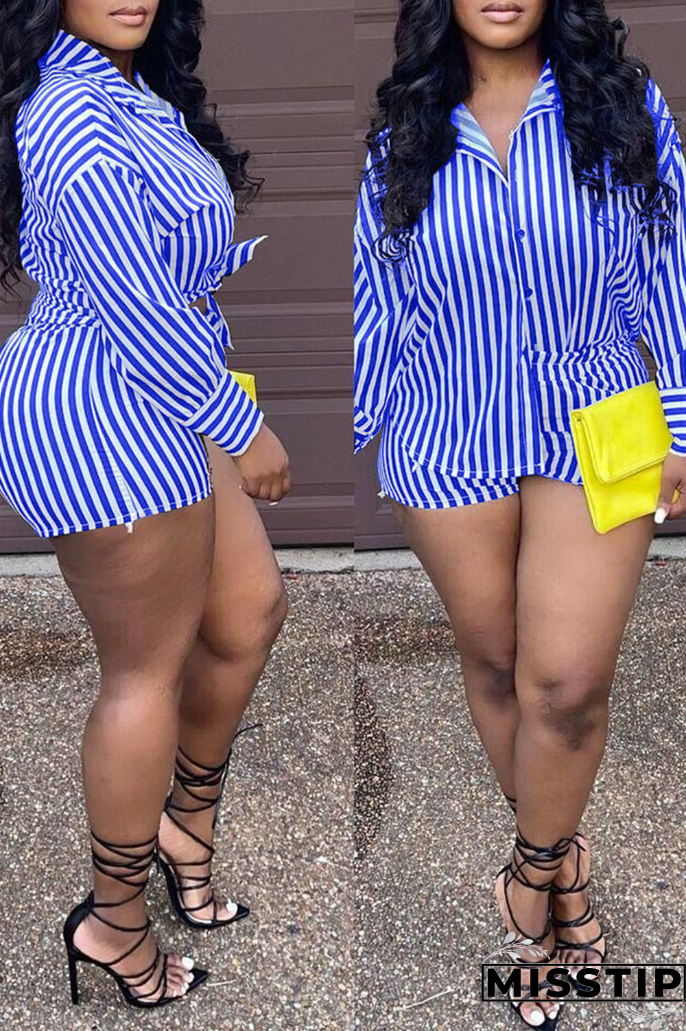 Green Casual Striped Patchwork Turndown Collar Long Sleeve Two Pieces