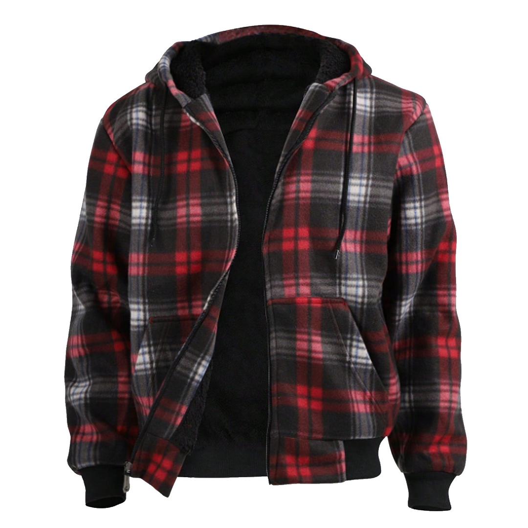 Men's Vintage Warm Plaid Hooded Jacket With Fleece Lining-inspireuse