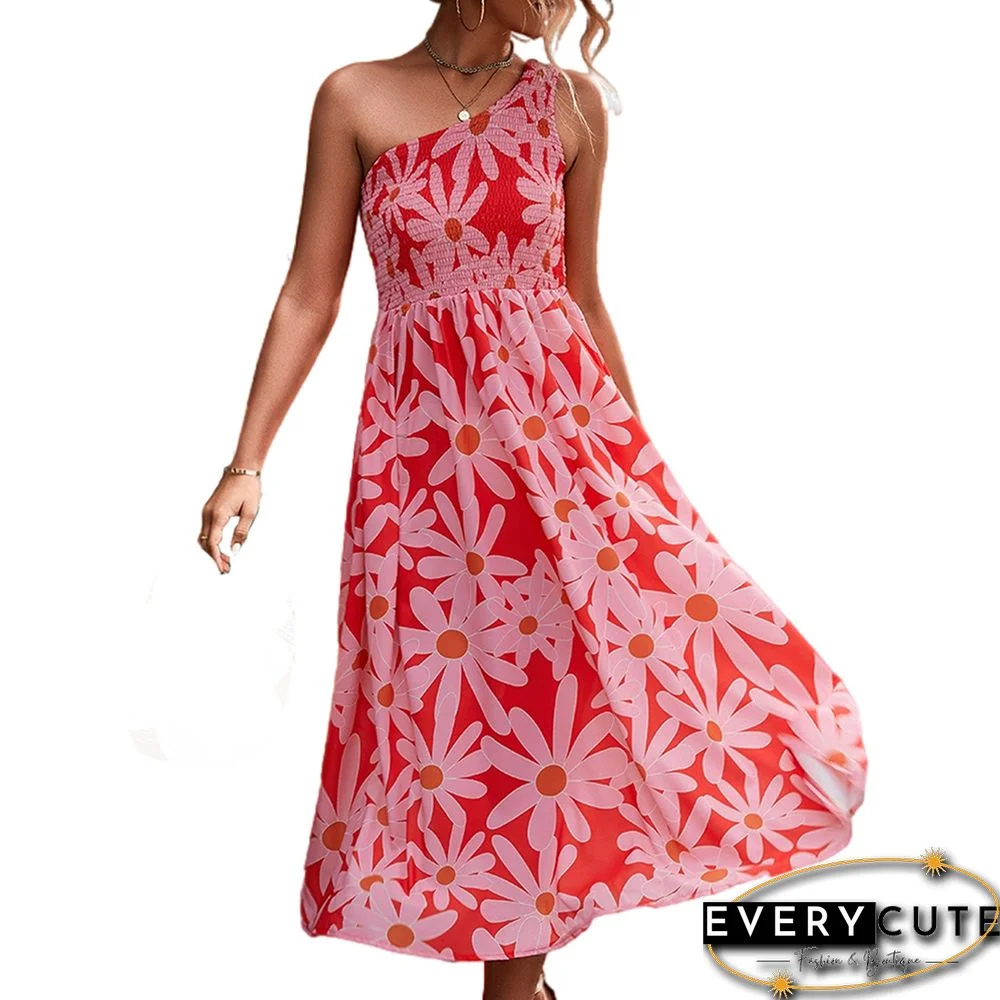 Red One-shoulder Smocked Floral Dress