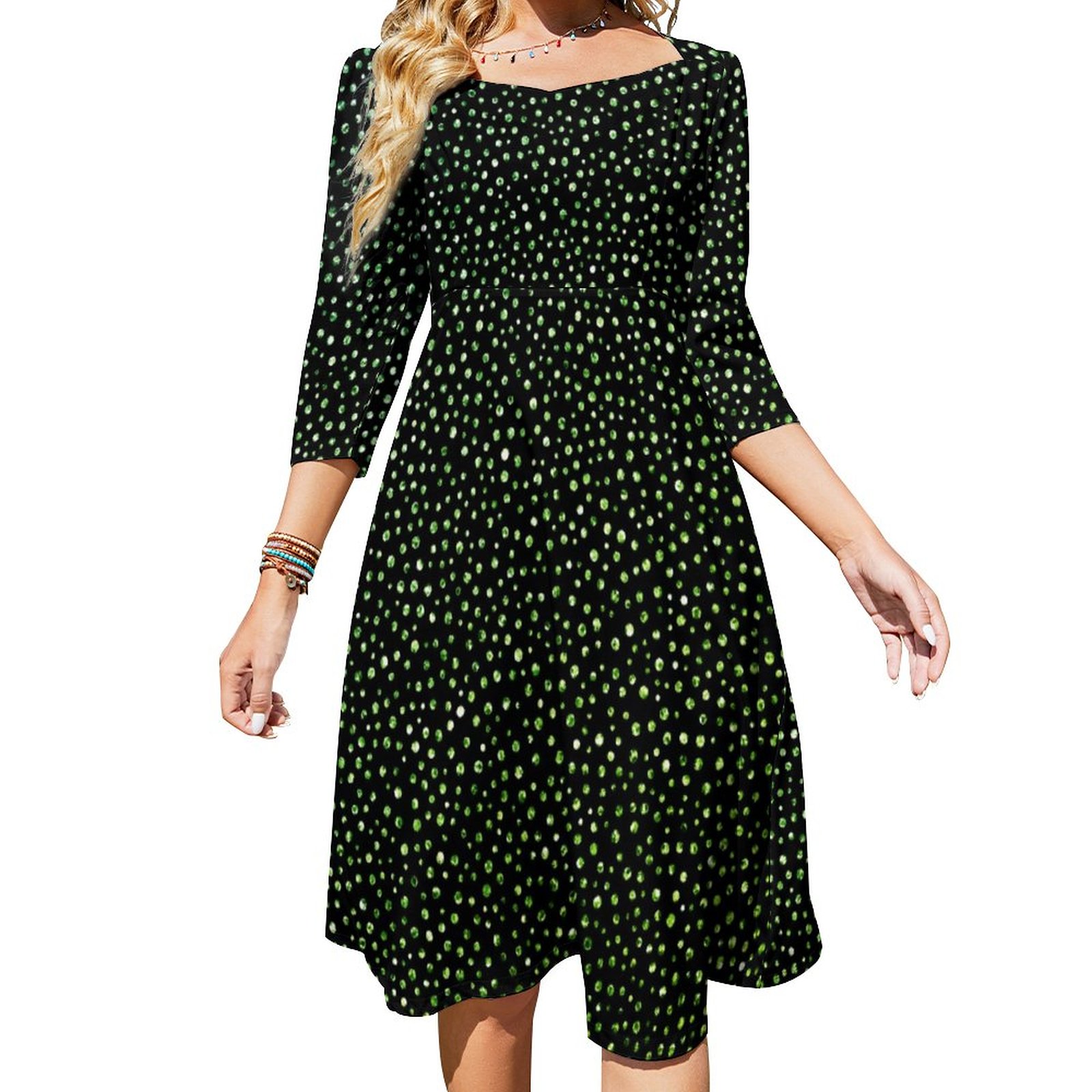 Black Emerald Green Glitter Dots Confetti Pattern Dress Sweetheart Tie Back Flared 3/4 Sleeve Midi Dresses