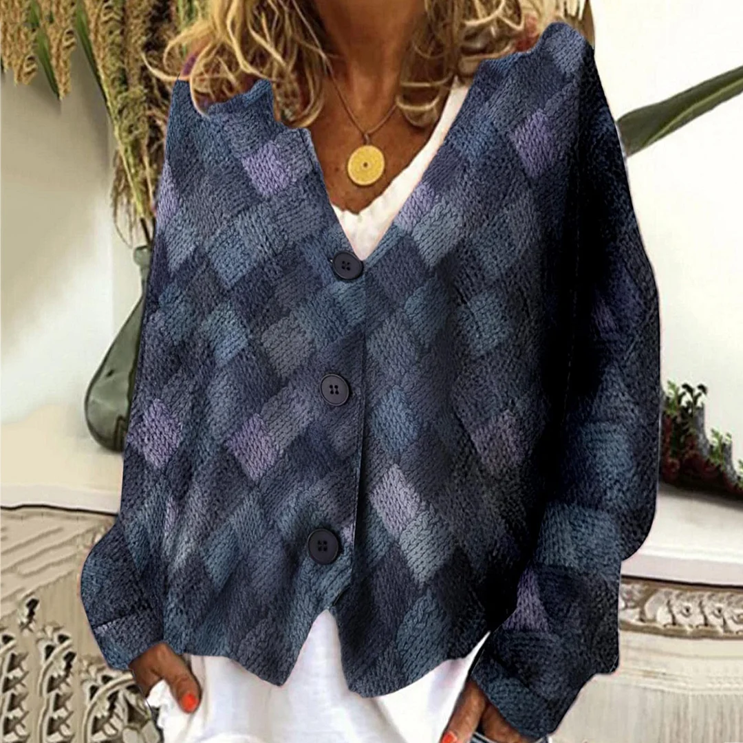 Casual V Neck Geometric Color Block Printed Sweater Cardigan