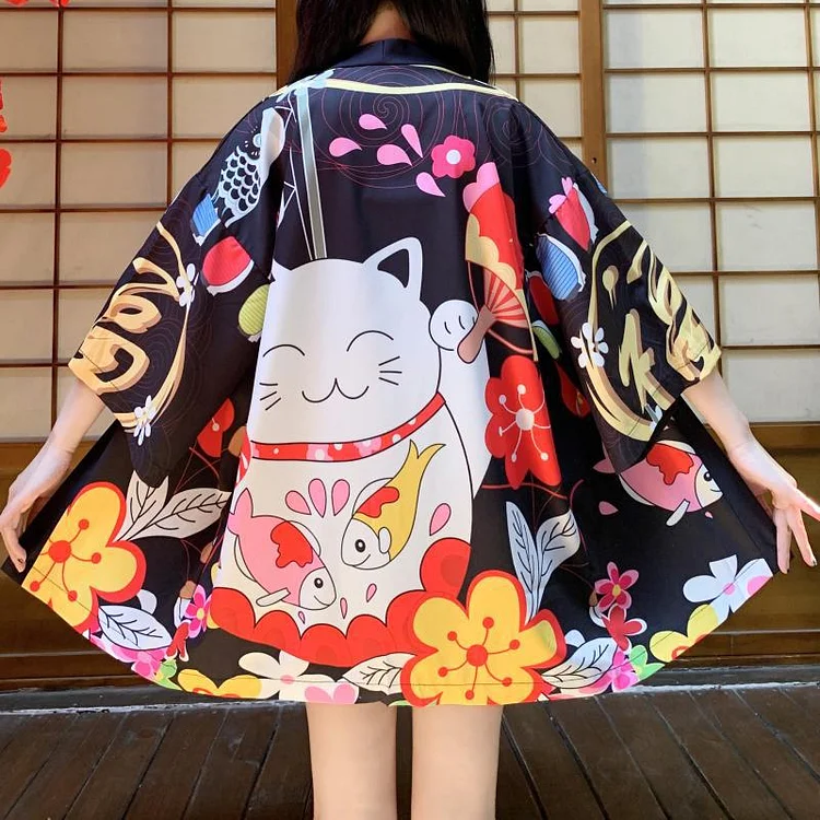The Kawaii Lucky Cat Japanese Kimono Yukata Beach Wear weebmemes