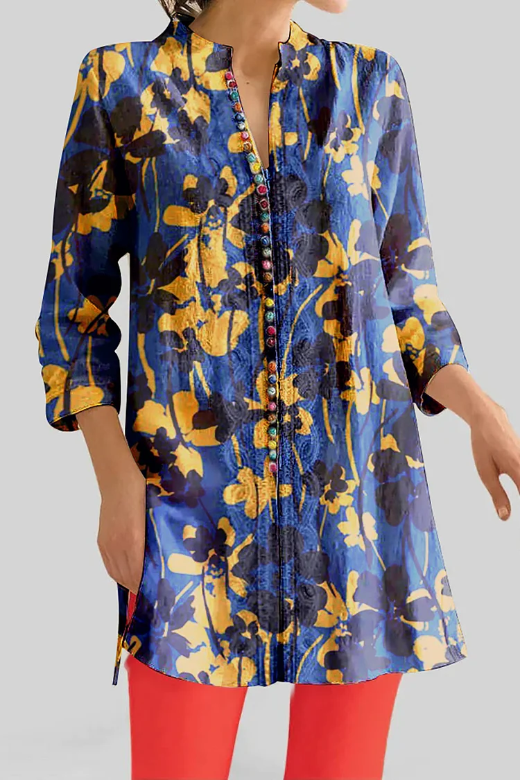 Irregular neckline three-quarter-sleeve blue printed slit linen top [pre-order]