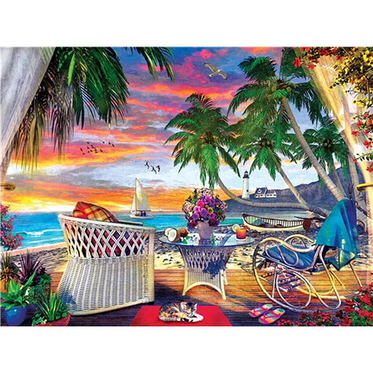 Full Drills Round Diamond Painting - Seaside Holiday Scenery - 40*30CM