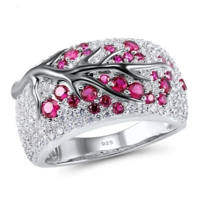 Luxury Silver Color Plum Blossom Branch Stones Cubic Zirconia Women Rings Fashion Jewelry Wedding Rings for Women Jewelry