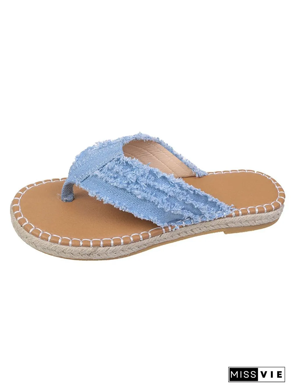 Distressed Denim Fringe Straw Bottom Flip Flops
