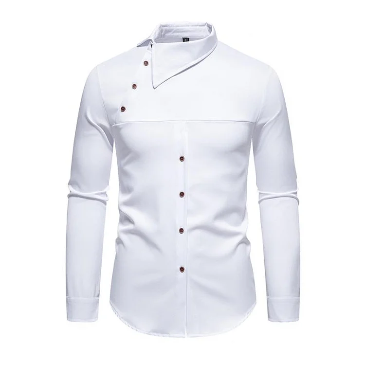 Men's Casual Lapel Slanted Placket Asymmetric Slim Fit Long Sleeve Shirt 50452395M