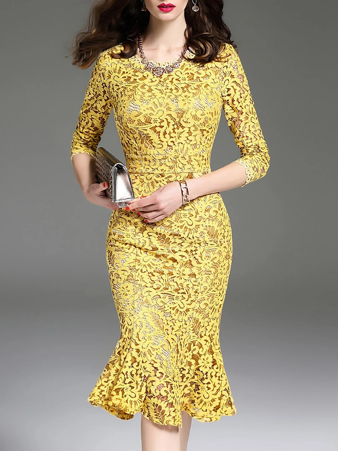 Yellow Flounce Elegant Lace Guipure lace Party Midi Dress