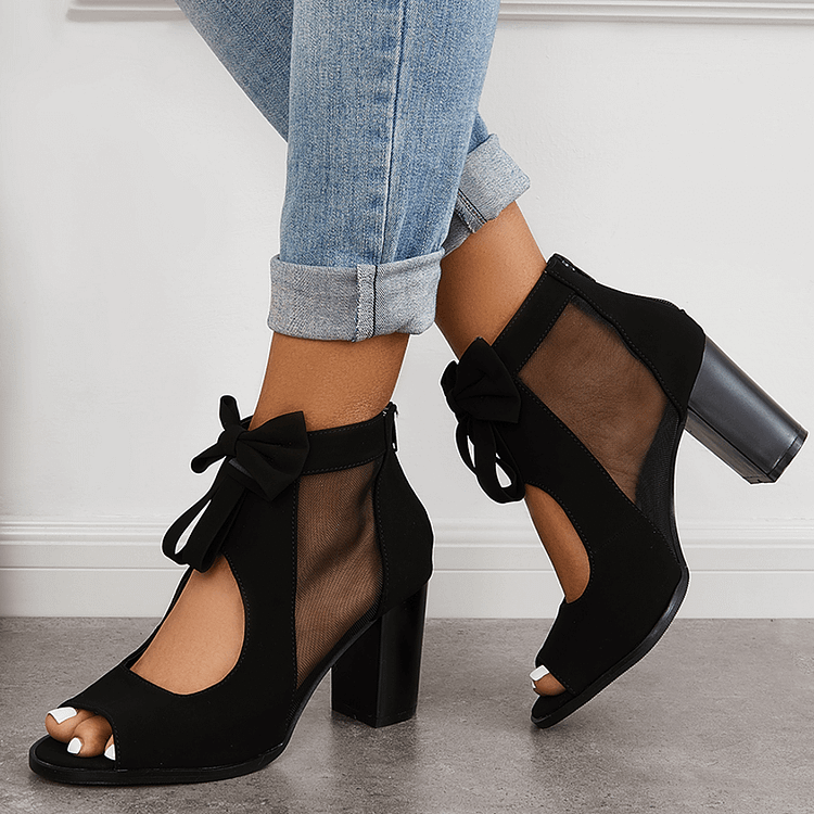 Mesh Chunky Block Heels Bowknot Strappy Sandals shopify Stunahome.com