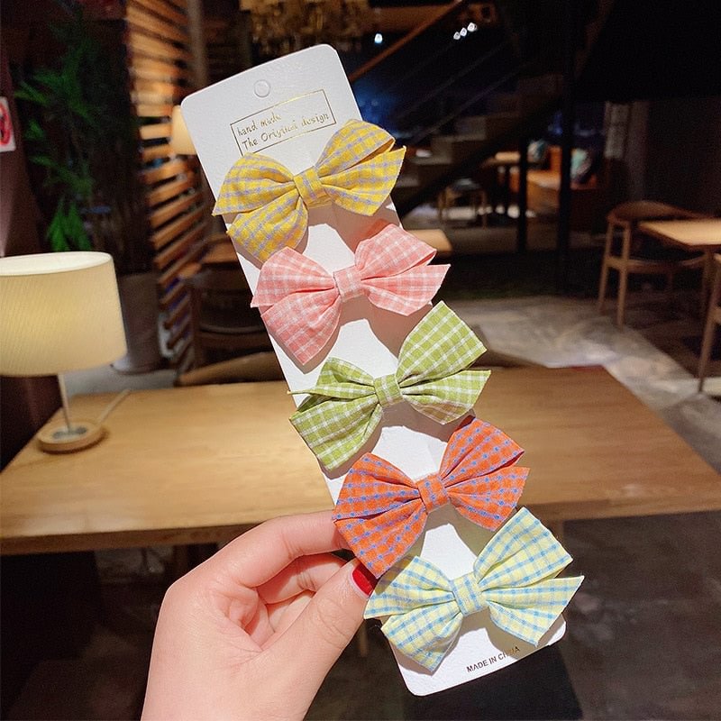 5PCS/Set New Girls Cute Plaid Print Star Hairpins For Kids Children Sweet Headband Hair Clips Barrettes Fashion Bow Accessories