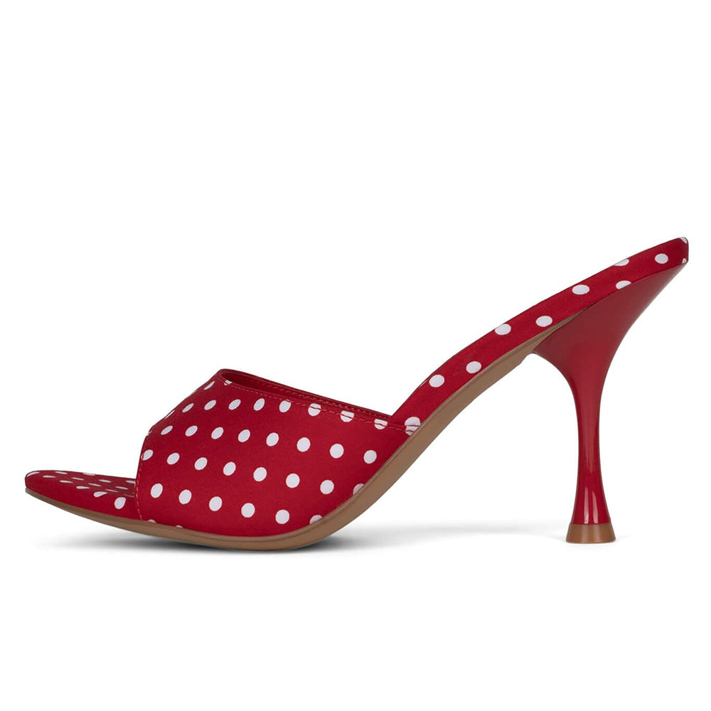 Polka Dot Round Toe 3'' Flared Heel Wide Band Women's Mules in Red Nicepairs