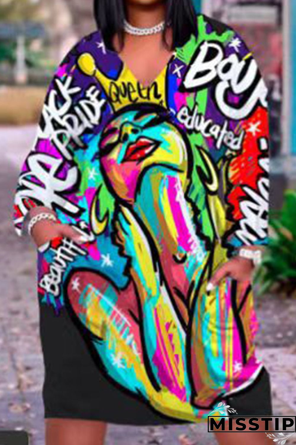 Colour Casual Street Print Patchwork V Neck Dresses