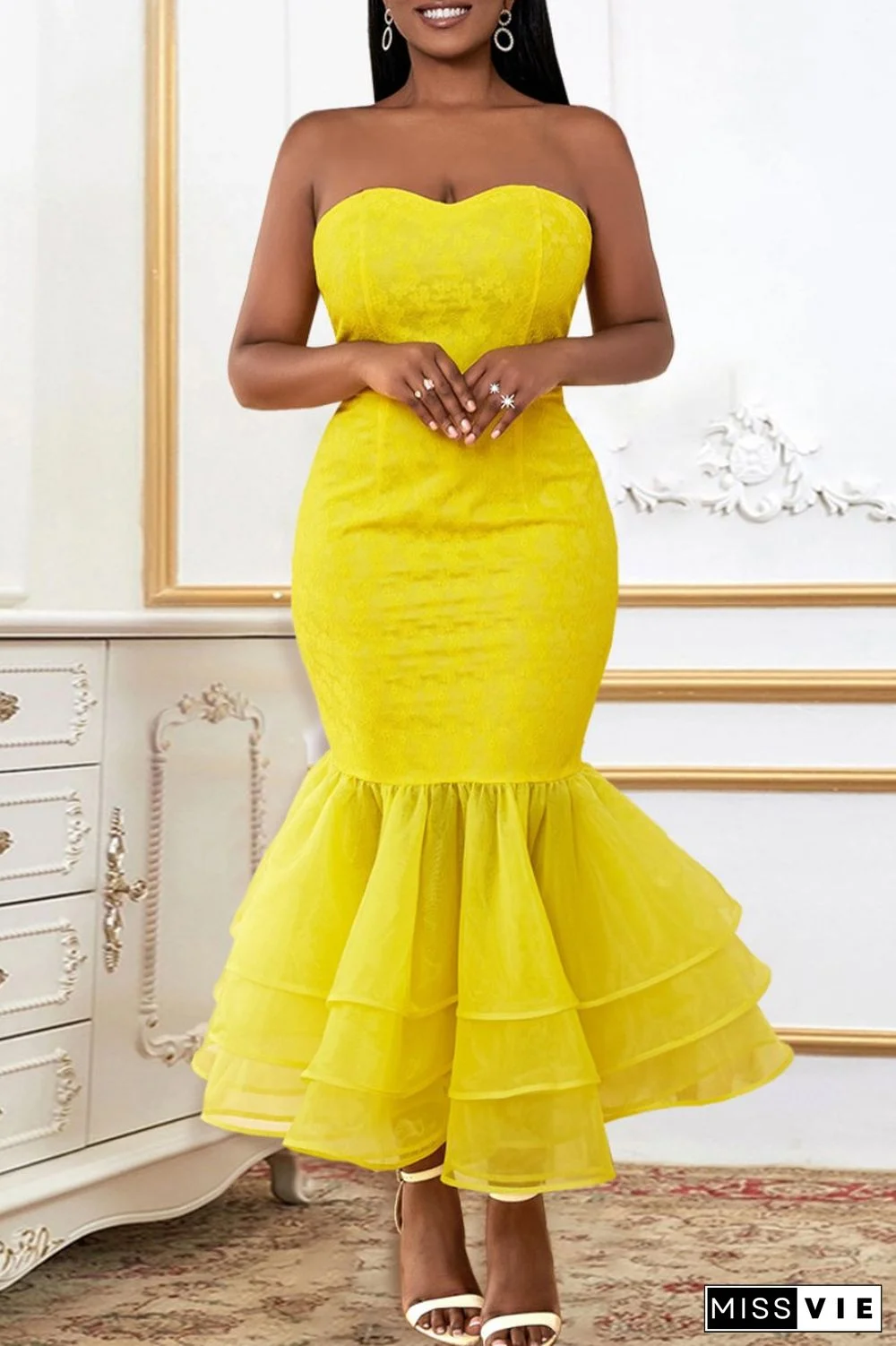 Yellow Sexy Formal Solid Patchwork Backless Strapless Evening Dress Dresses