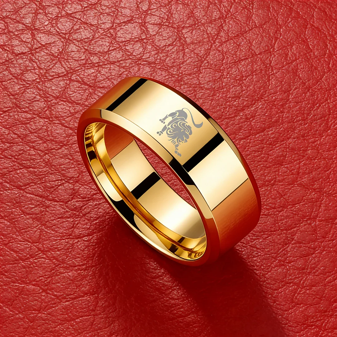 Gold Leo Tungsten Carbide Rings Beveled Edges Gold Laser Etched Couple Wedding Bands 4MM 6MM 8MM Width