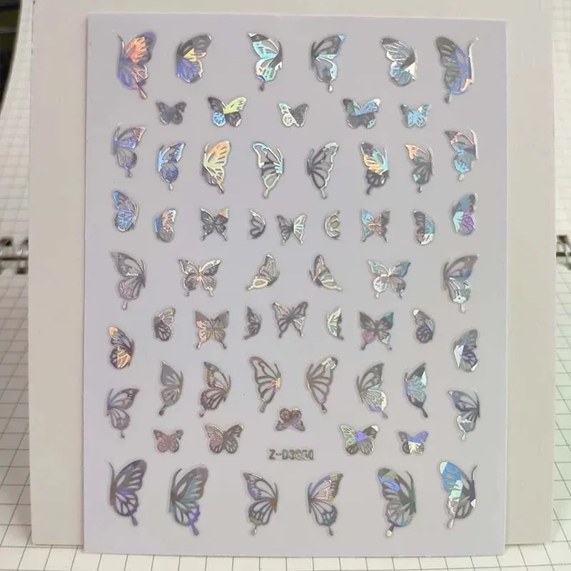 1pc Holographic New Laser Butterfly Designs Nail Sticker Silver Adhensive Slider Decoration DIY Nail Art Stickers Manicure Decor-Nail Inspo