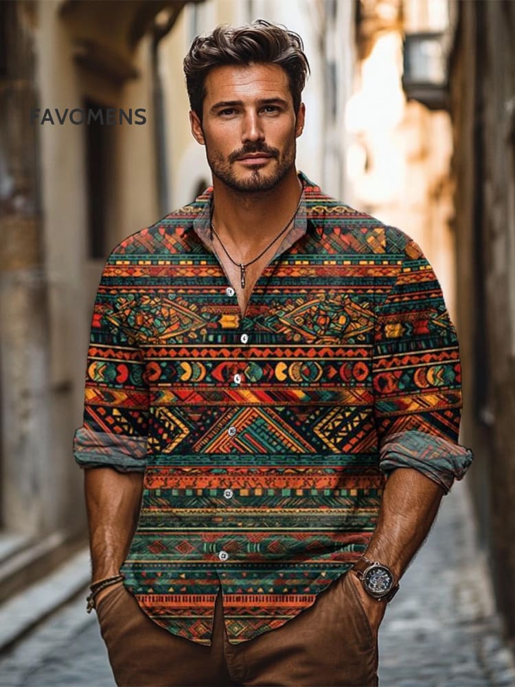 Vintage Stripes Ethnic Totem Art Print 100% Cotton Long Sleeve Shirt Multicolor / S