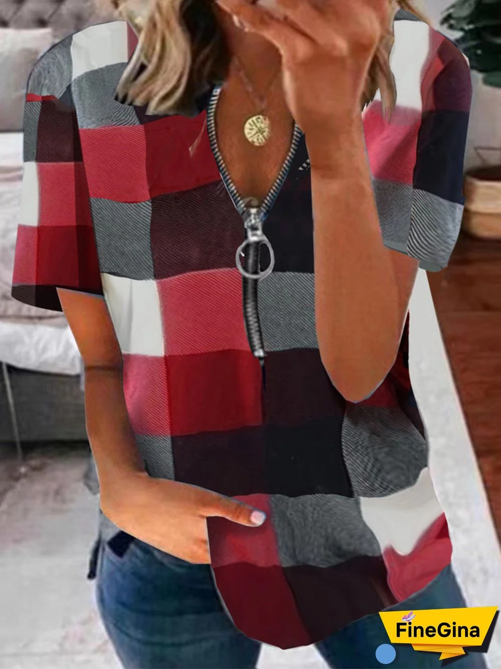 Women's V Neck Short Sleeve Zipper Plaid Print T-Shirt Top