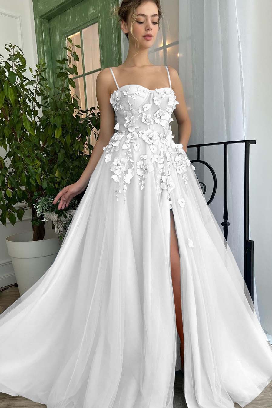 Daisda Baby Blue Sweetheart Flowers Appliques Spaghetti Strap Prom Dress Side Split