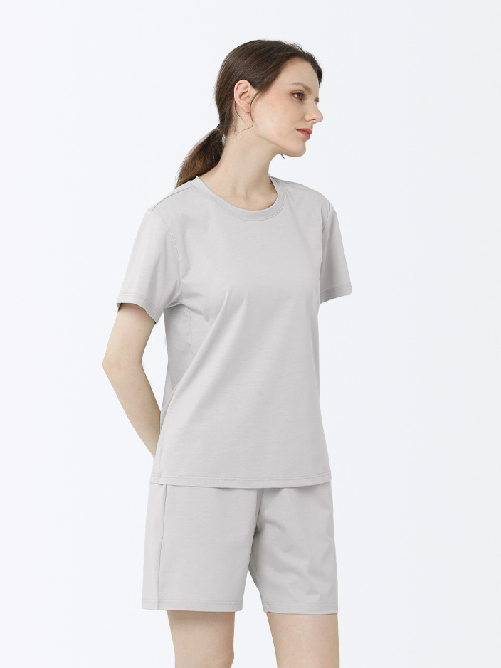 Plain Cotton Crew Neck Casual Short Sleeve Pajama Set