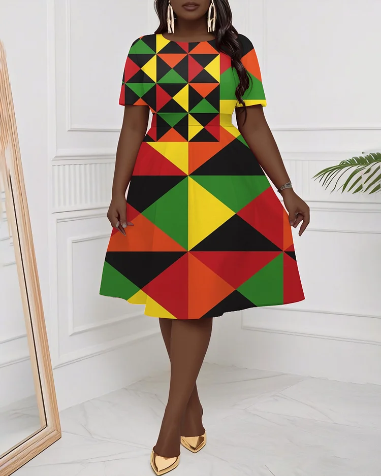 Reggae Colored Diamond Short Sleeve Midi Dress