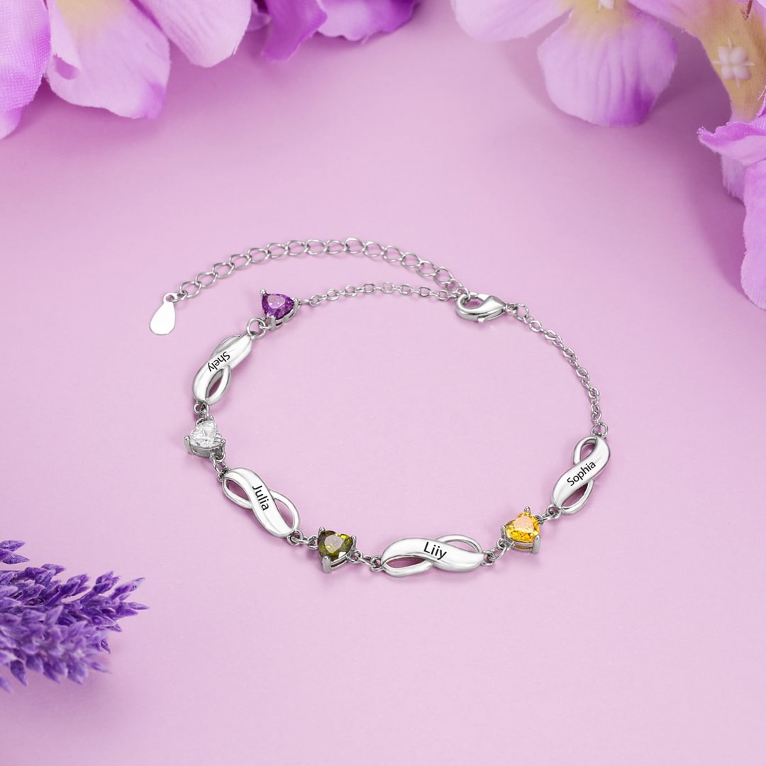 Personalized Infinity Bracelet With 2 Birthstones Engraved Names