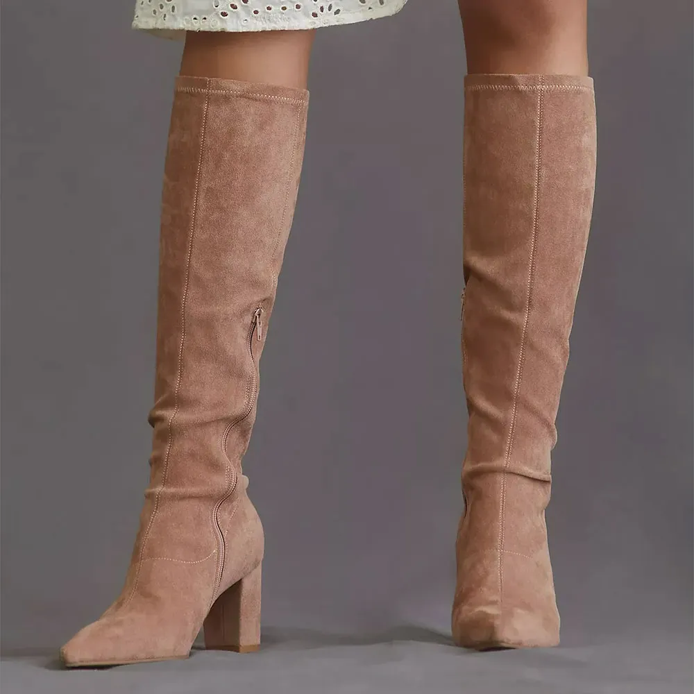 Stylish Brown Vegan Suede Chunky Heel Pointed Toe Boots with Zipper