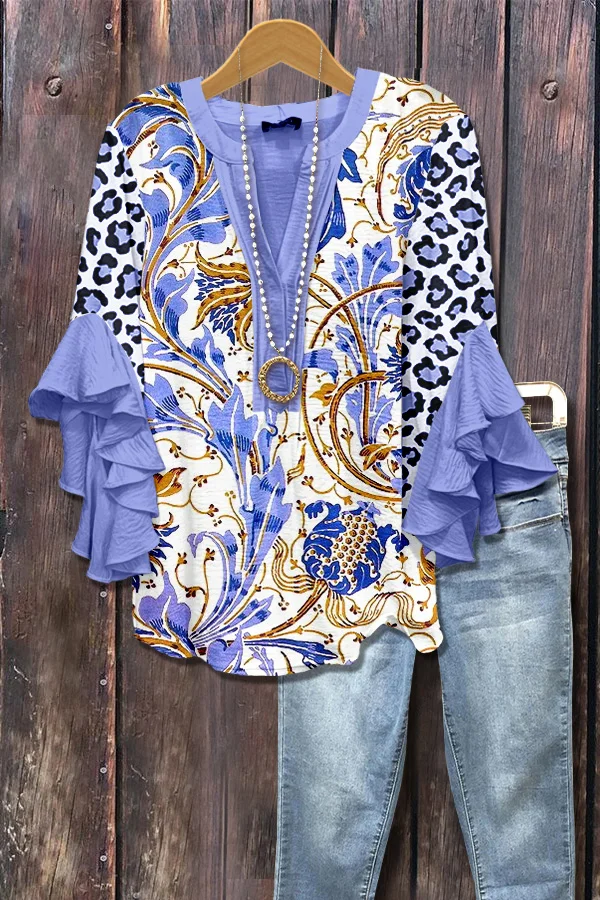 Retro Floral Print Leopard Ruffle Sleeve Top