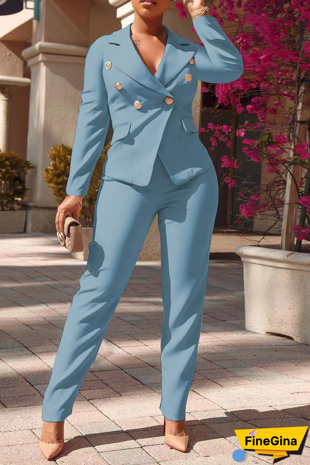 Pink Fashion Solid Buckle Turndown Collar Long Sleeve Two Pieces