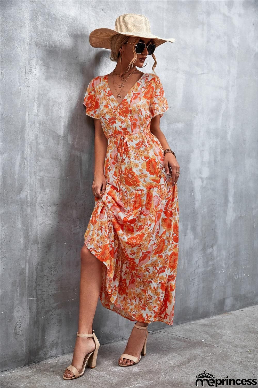 Floral Buttoned Drawstring Waist Tiered Dress