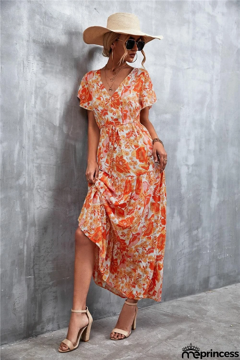 Floral Buttoned Drawstring Waist Tiered Dress