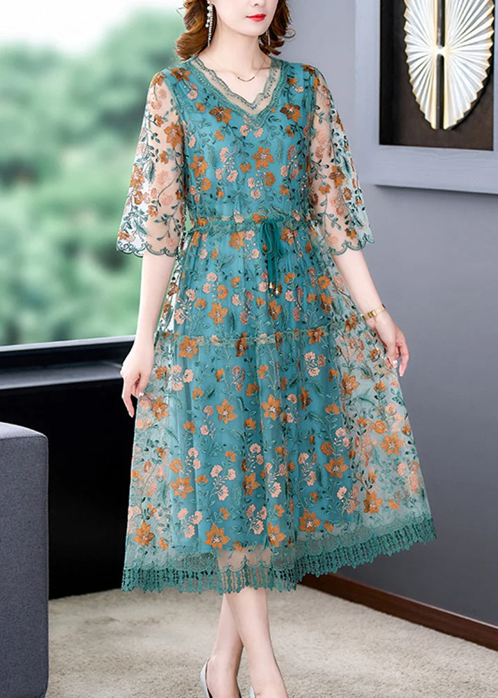 Style Green Cinched Patchwork Lace Long Summer Cotton Dress