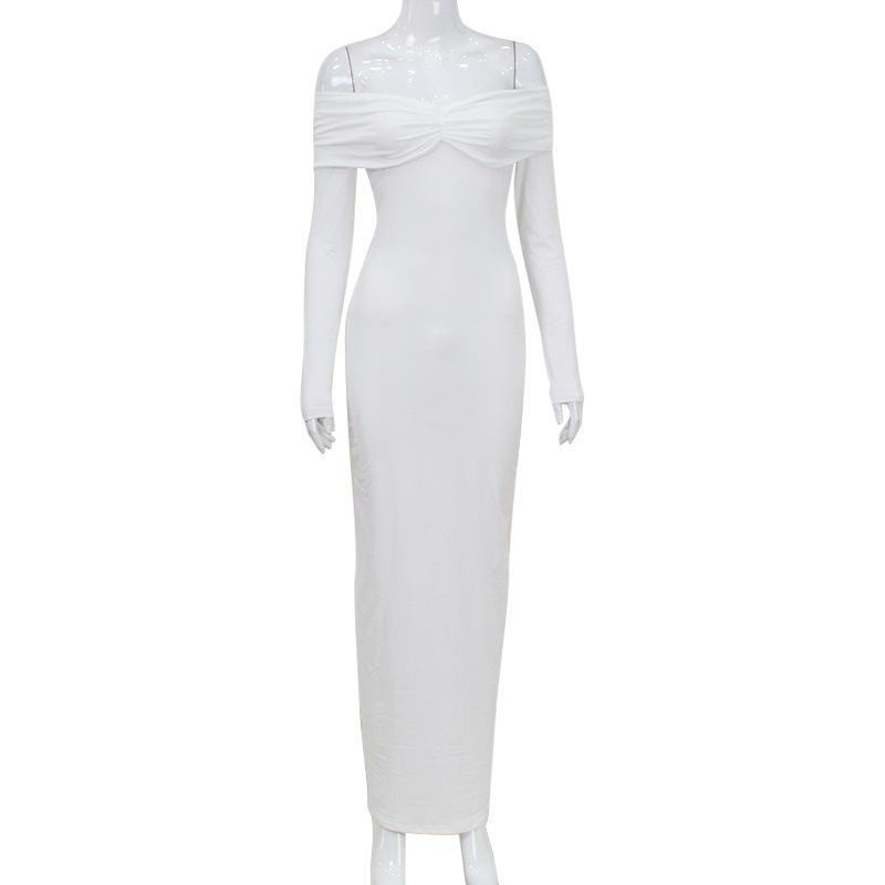 Ootddress White Pleated Slim Maxi Dress Elegant For Women Patchwork Off-Shoulder Fashion High Waist Dress Ladies Solid Party Dress