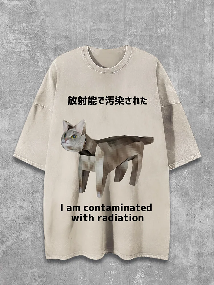 Men's I Am Contaminated With Radiation Cat Japanese Print Cotton Washed T-Shirt
