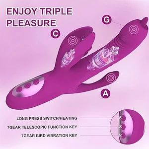 Female Vibrator 4-in-1 Trident Rabbit Vibrator with Clitoral Stimulation, Heating, Telescopic, and Swinging Functions