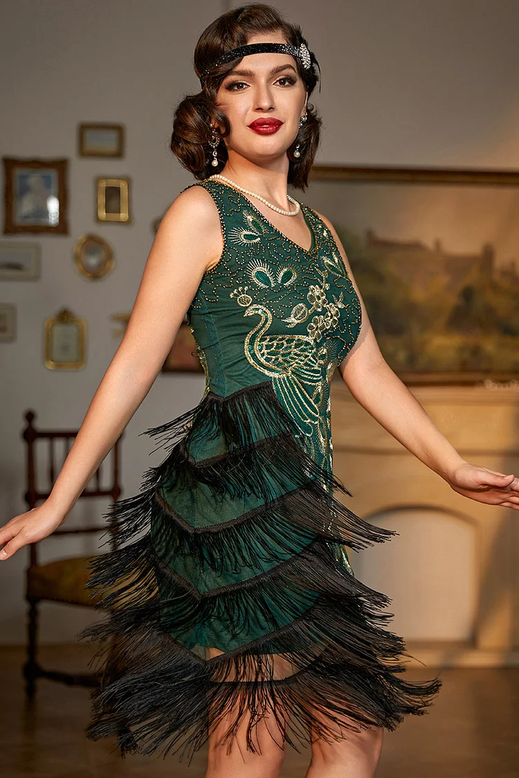 1920s Dark Green Cocktail Party Peacock Embroidery Sequins Multi-layer Fringe Midi Dress