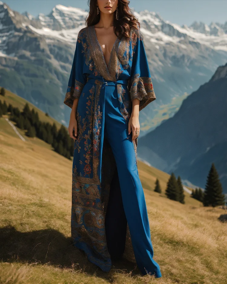 Women's V-neck blue embroidery Dress