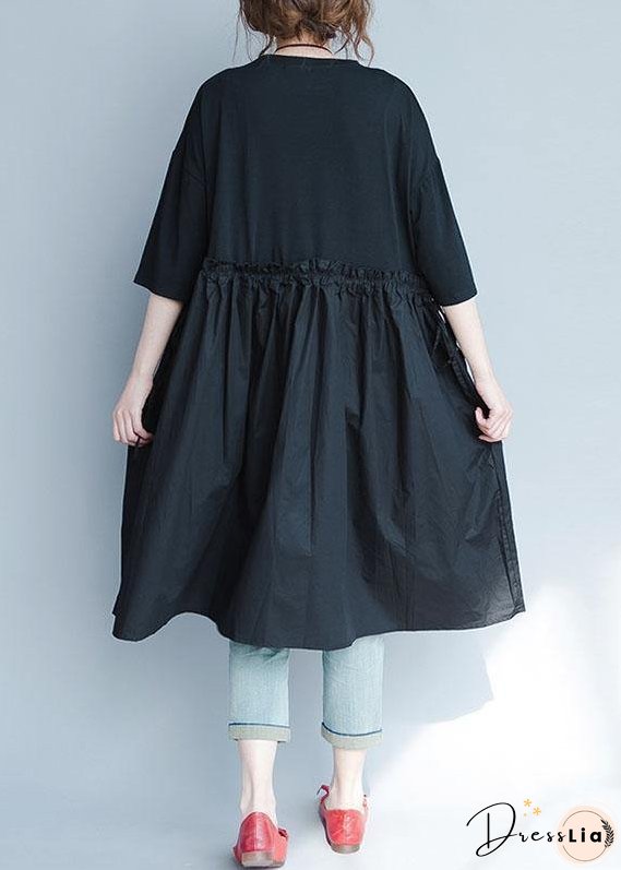 Italian Black Geometry Linen Quilting Dresses Ruffles Loose Summer Dress