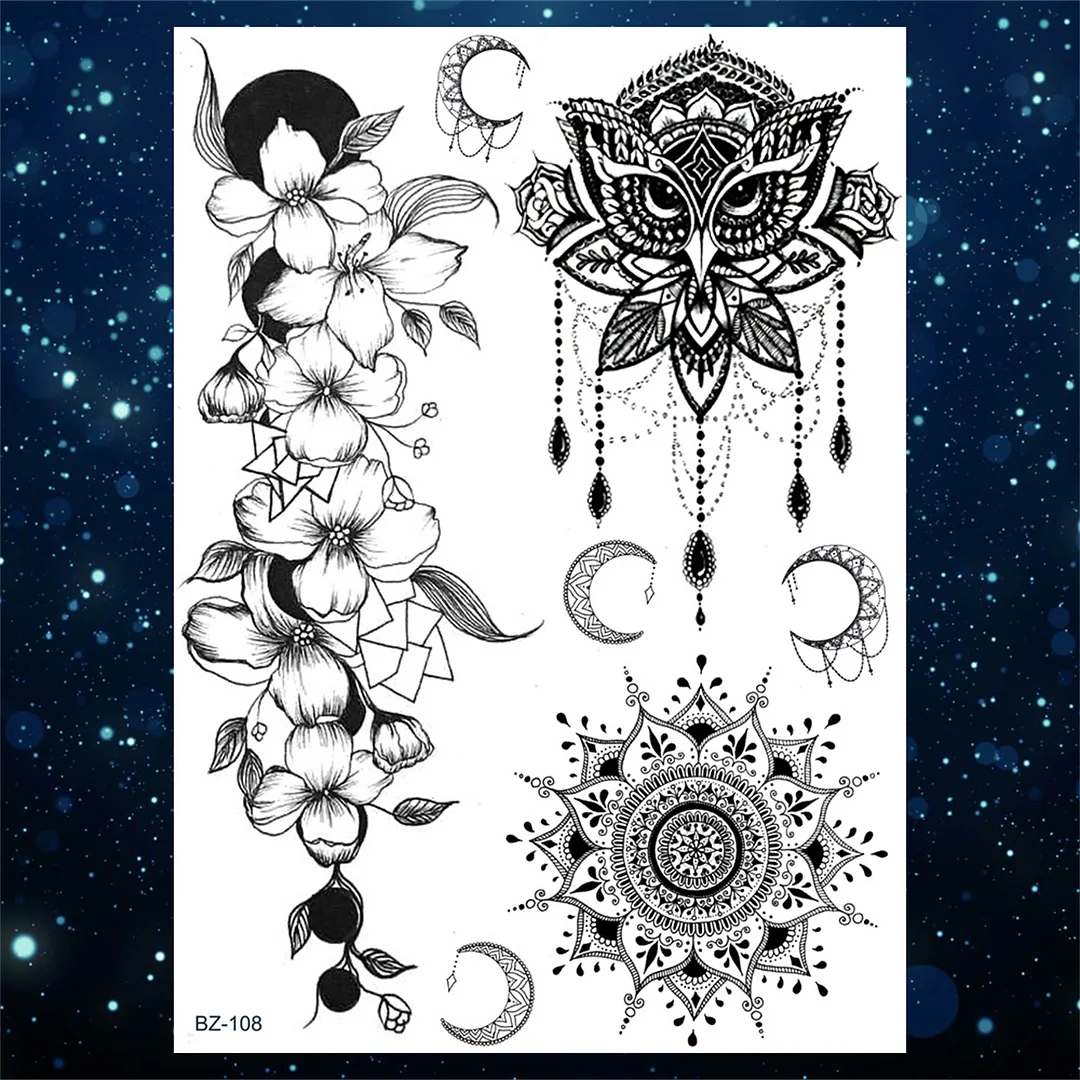 Sdrawing Henna Temporary Tattoos For Women Girls Feather Butterfly DreamCatcher Fake Gem Tattoo Sticker Chest Arm Tatoos Tribal
