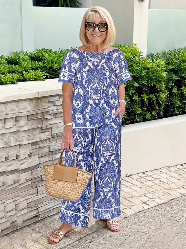 Plus Size Porcelain Printed Tunic Pantsuit