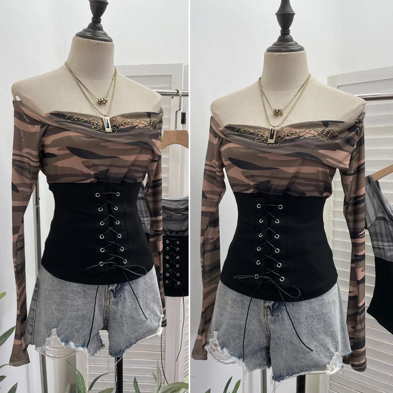 Nigikala Nigikala Real Shot Of The Hottie Shoulder Mesh Hot Diamond To Receive The Belt Strap Horn Long Sleeve Top Short T-Shirt 2760