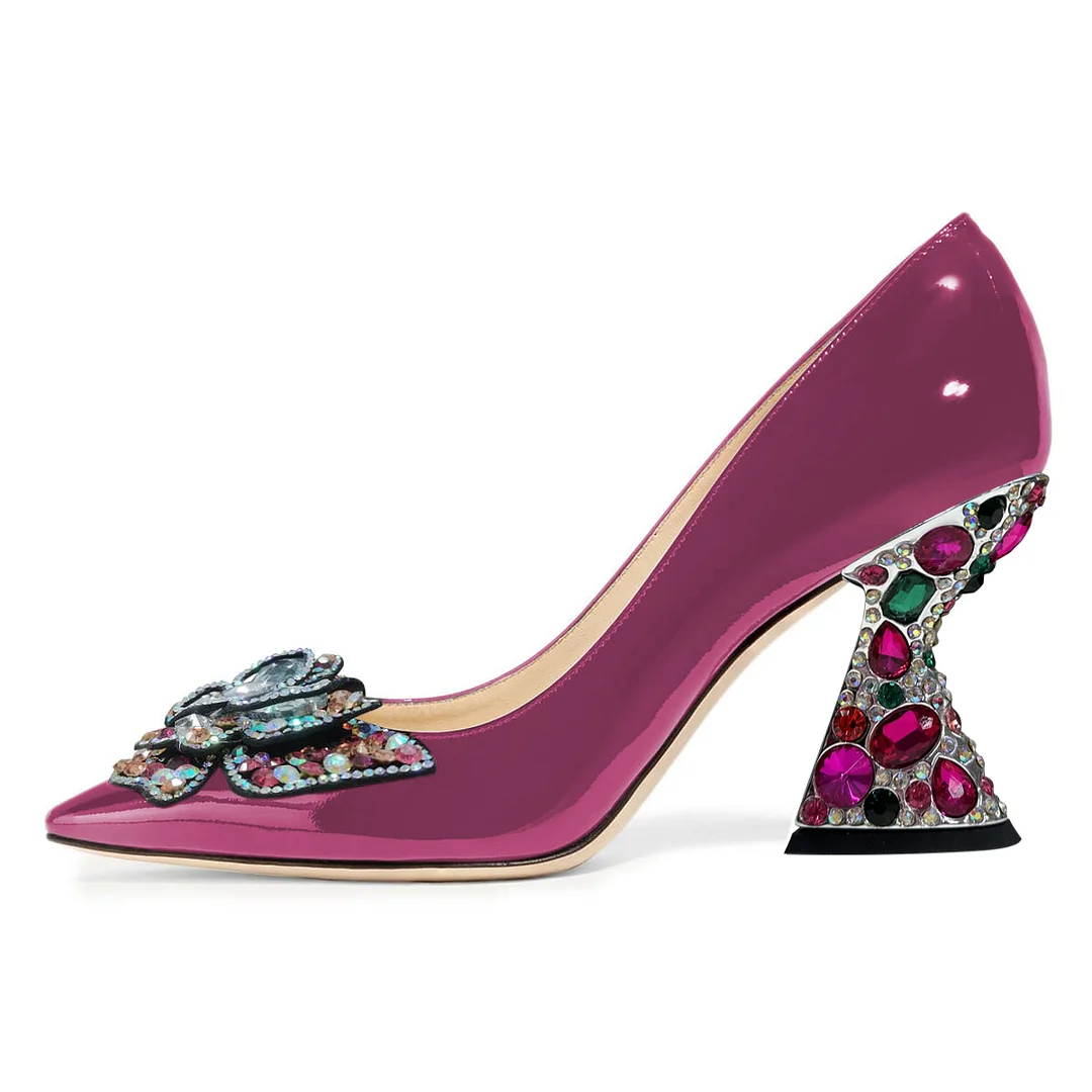 Pink Patent Leather Pointed Rhinestone Butterfly Elegant Pumps 