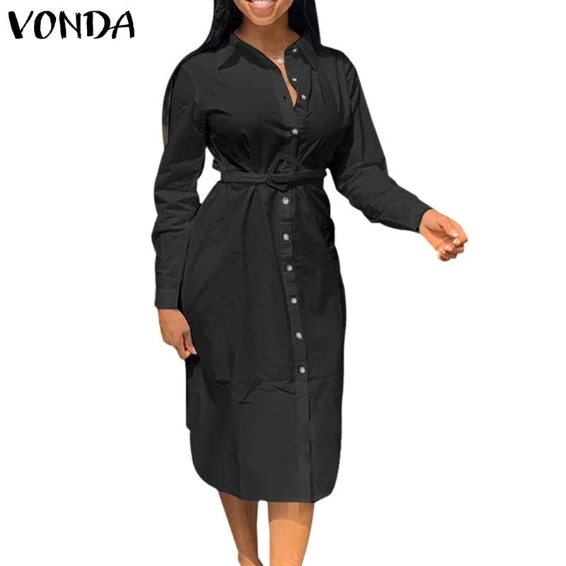 Autumn Long Sleeve Office Shirt Dress VONDA 2022 Women Sexy Lapel Neck Party Maxi Dresses Femme Solid Color Bohemian Vestidos