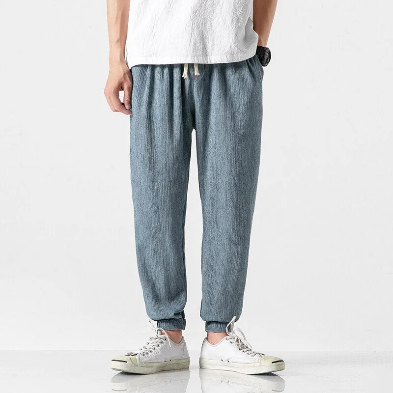Streetwear Mens Cotton Beach Pants Male Summer Casual Calf-Length Pants Man Plaid Hip Hop Baggy Loose Trousers